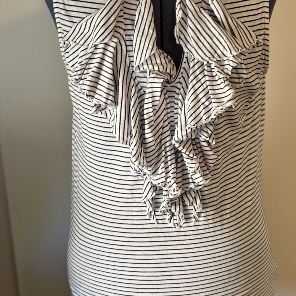 Striped Ruffle Front Sleeveless Top - Black & White